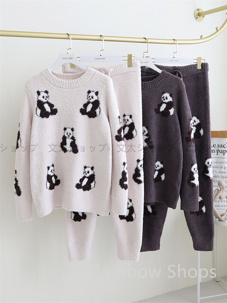 新品未使用！高品質のルモは秋冬はふわふわパンダのパジャマで女性は厚くて暖かい のホームウェアです 上下２点セットパジャマ