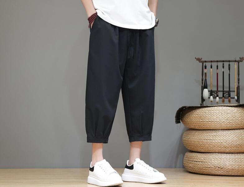 夏物クロップドパンツ夏涼しい新品 メンズ　カジュアルパンツ　ボトムス　ショートパンツ　ハーレムパンツ ブルー