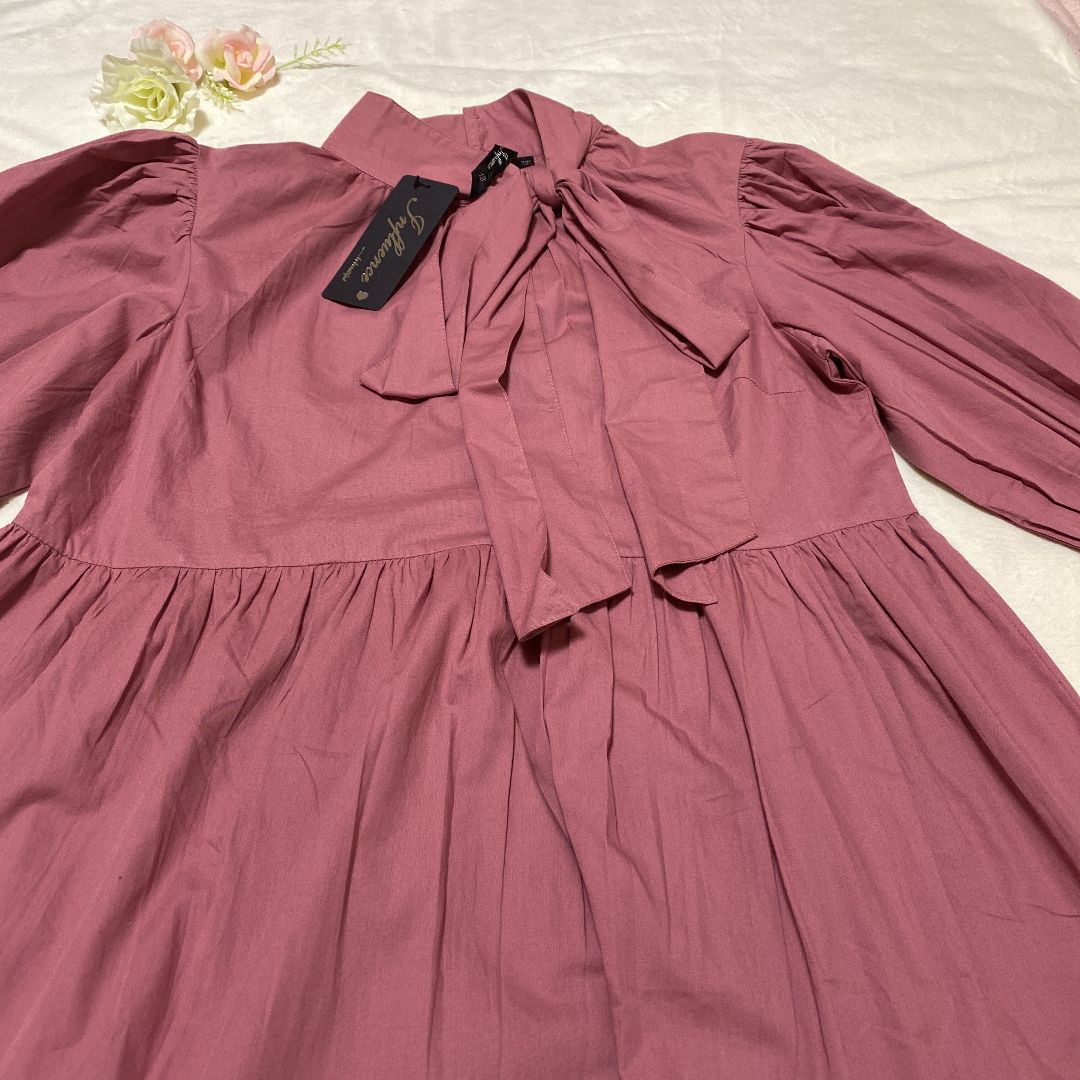 新品！ASOS リボンネック ミニスモッグドレス ワンピース XL ピンク