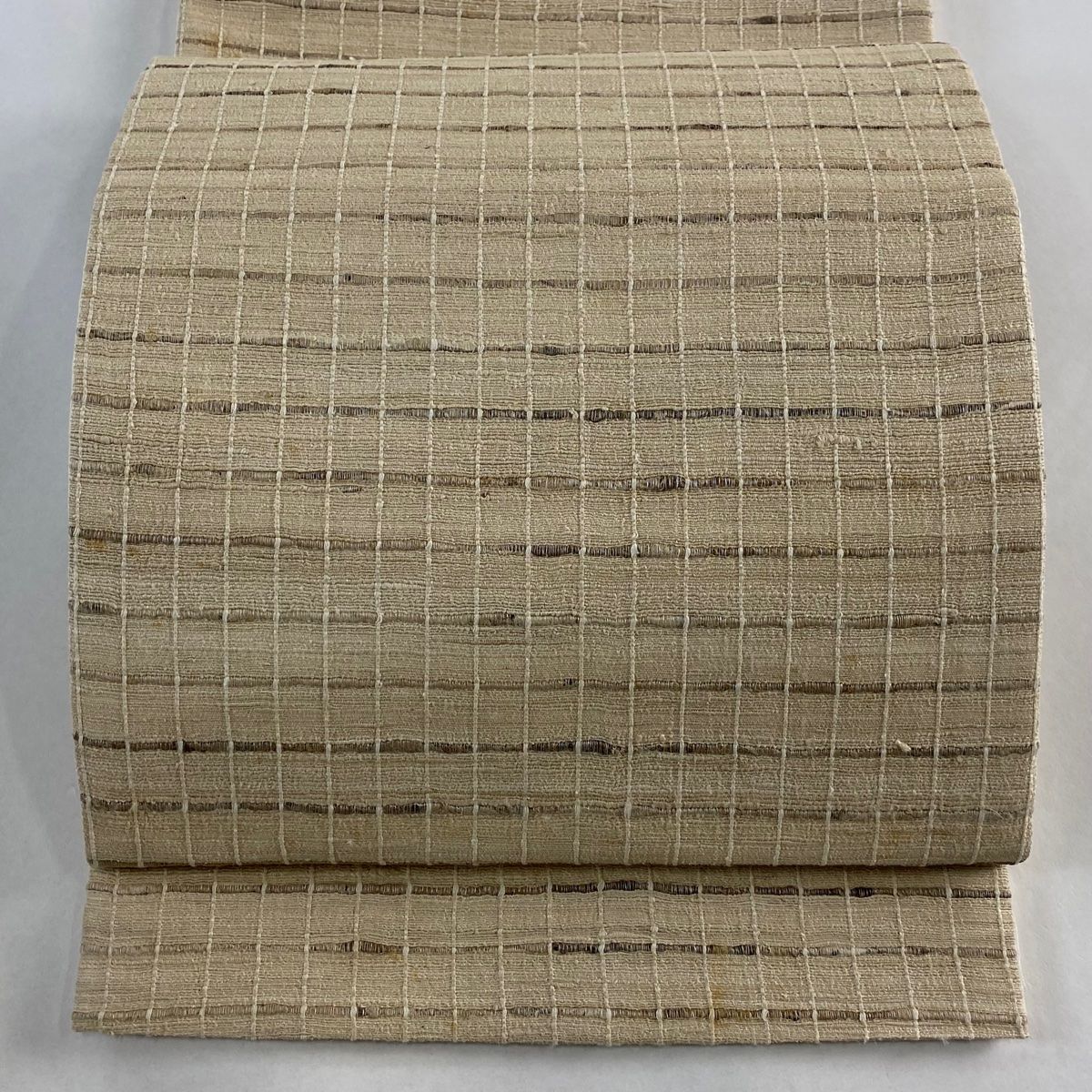 袋帯 名品 野蚕糸 格子 薄茶色 全通 正絹