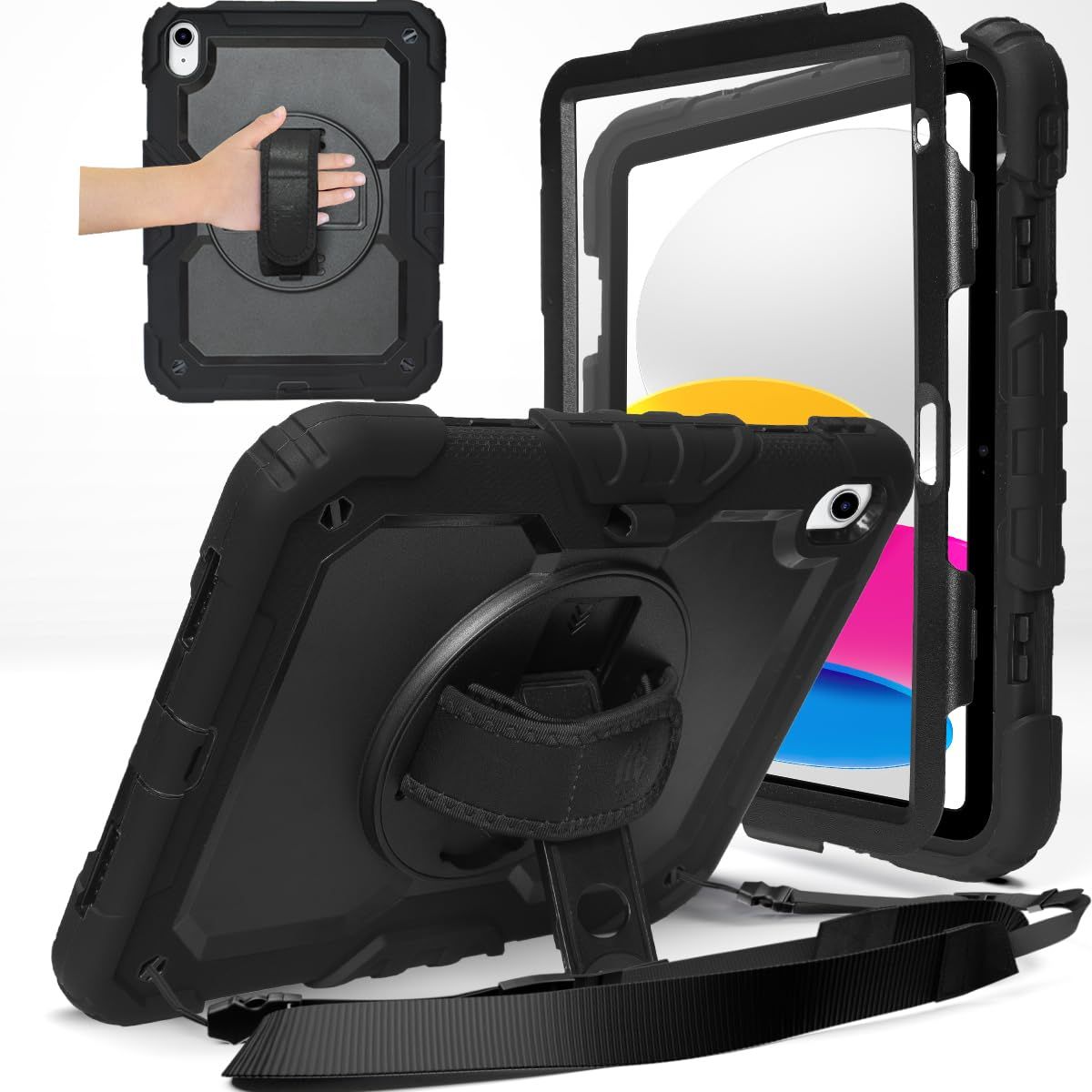 新品 MS factory iPad 第11世代 A16 (2025) 第10世代 用 ケース 耐衝撃 保護フィルム付き ペン収納 アイパッド カバー キッズ 頑丈 ショルダー ハンドストラップ 360°回転 スタンド ブラック 黒 IPD-10-SHOCK-