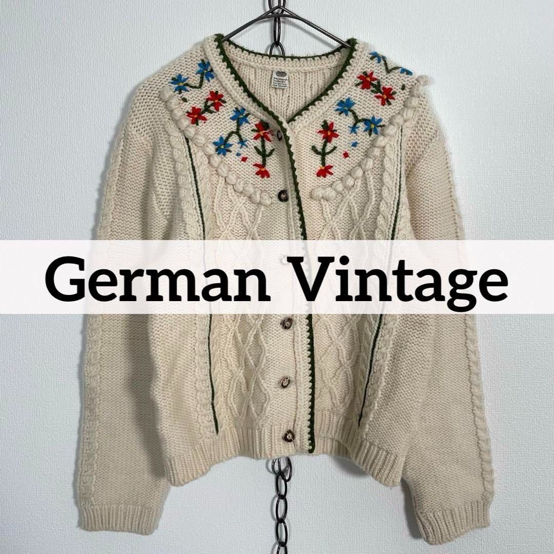 80s 90s ジャーマンヴィンテージ 花柄 刺繍 ケーブルニット ウールカーディガン ホワイト系