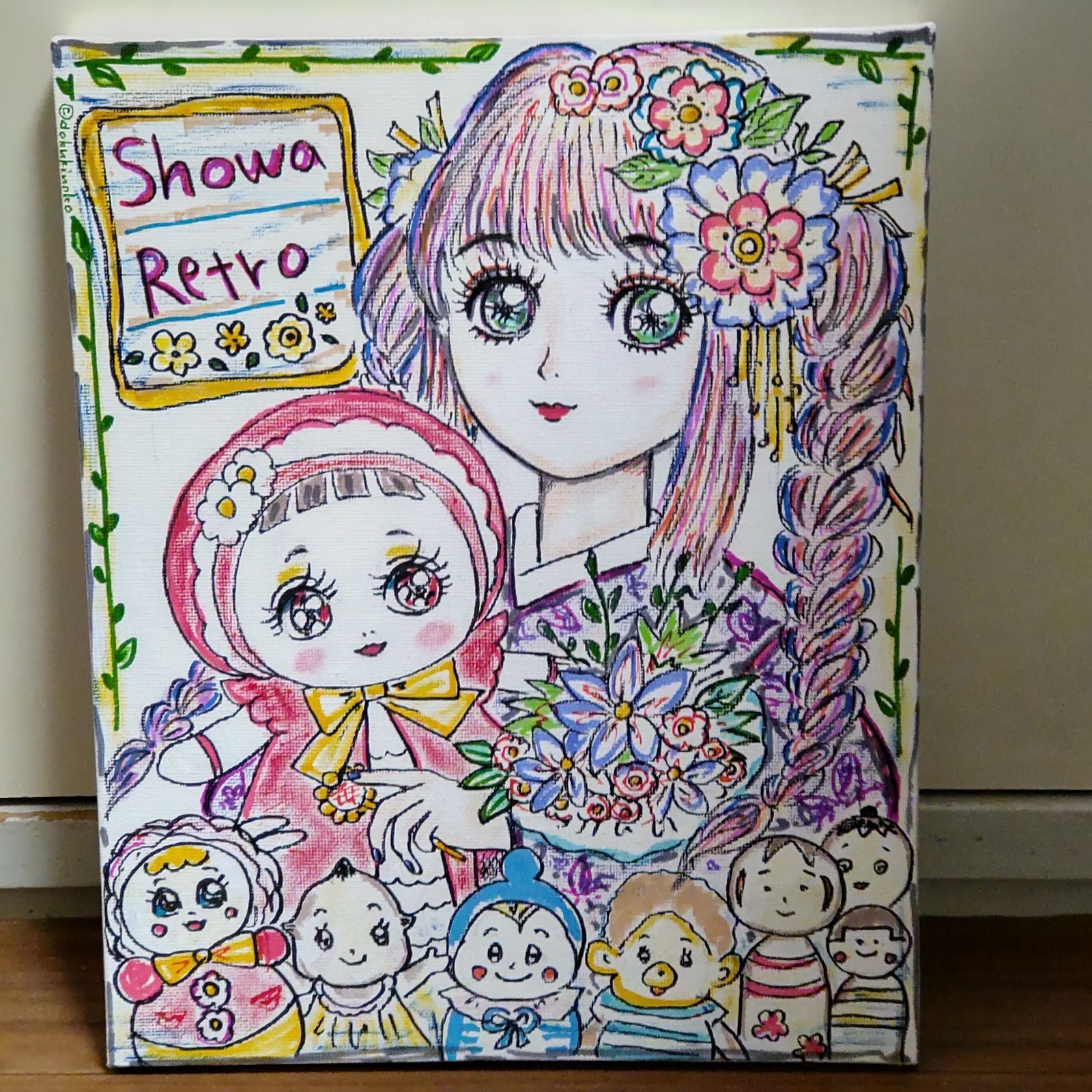 手描き キャンバス イラスト「 文化人形を抱いた女の子と昭和レトロ