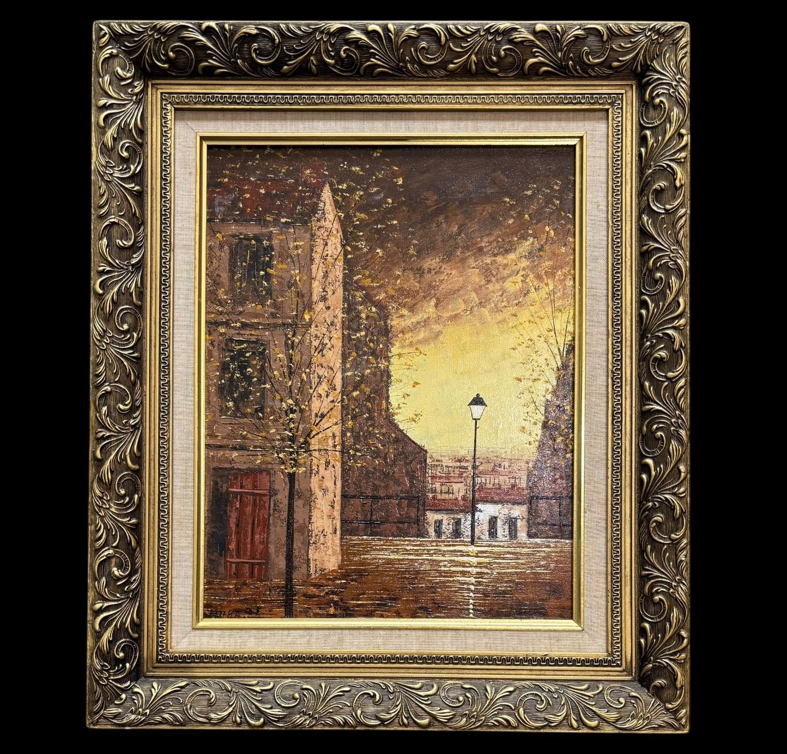 油絵 ヨーロッパの街並み 街灯 金額 風景 油彩 額装 額 壁掛