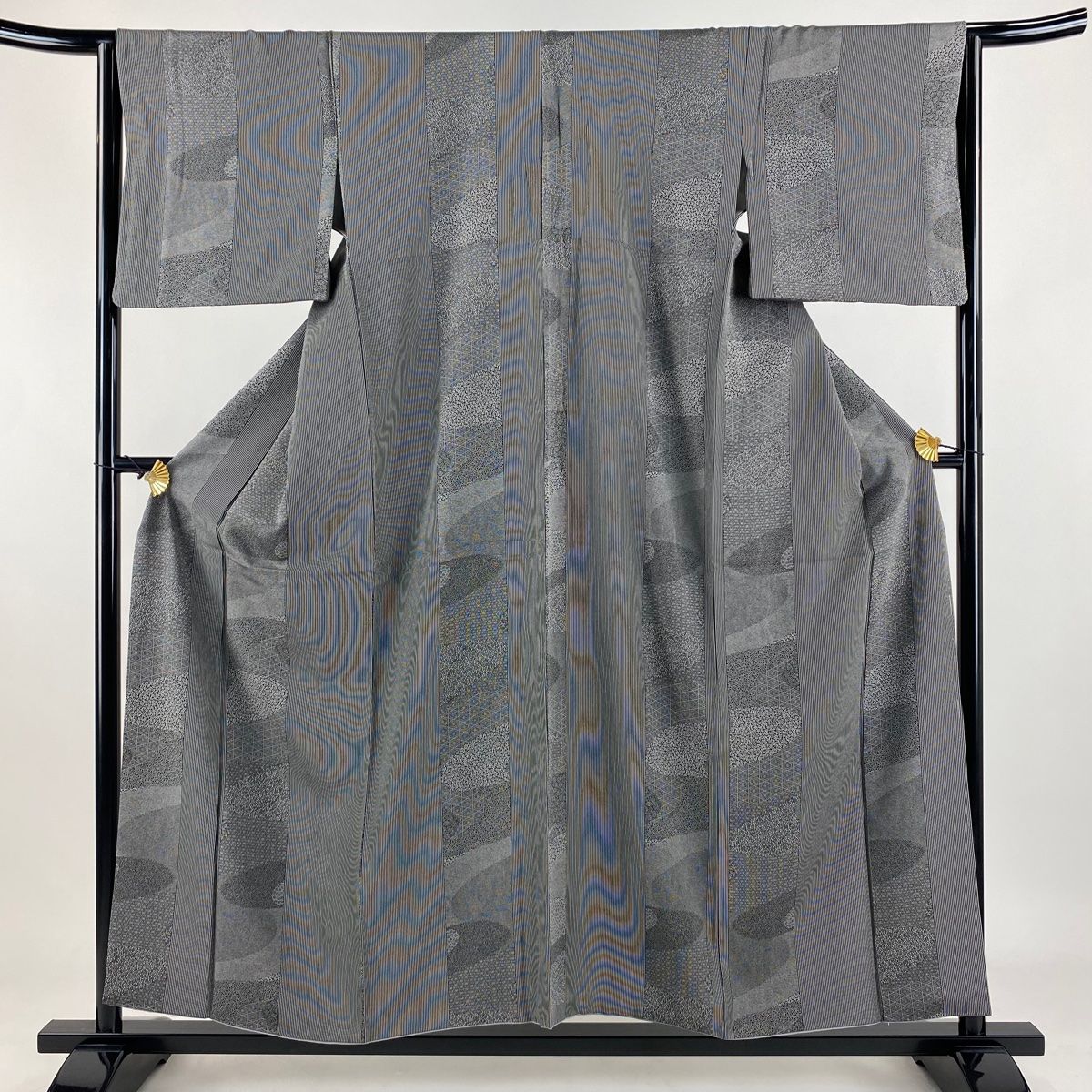 小紋 身丈156cm 裄丈64.5cm M 袷 寄せ柄 縞 黒灰 正絹 秀品