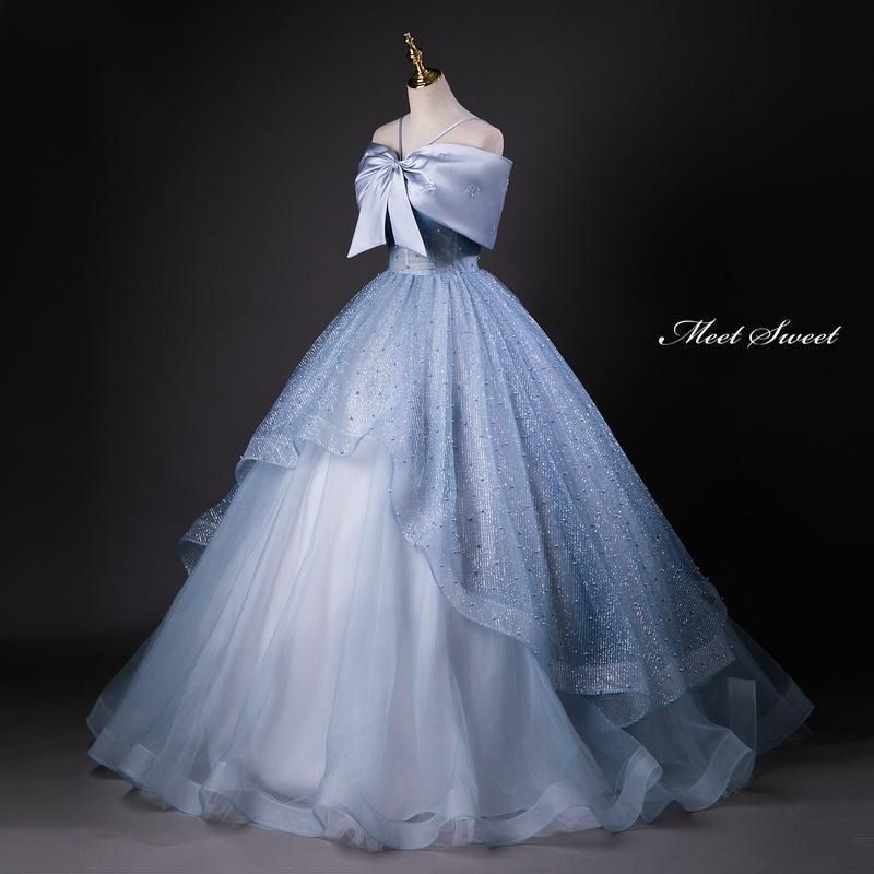 カラードレス プリンセスライン ロングドレス ブルー フリル リボン パール ウェディングドレス 結婚式 二次会 花嫁