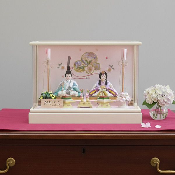 工房ゆうき作 ひなろこ 木目込み親王 オフホワイト塗アクリルケース飾り 豪華 付