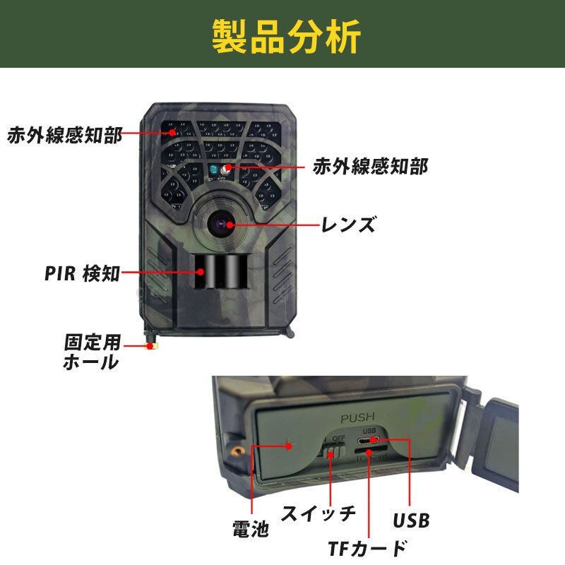 防犯カメラ トレイルカメラ 小型 屋外 防水 防塵 IP66対応 1280p