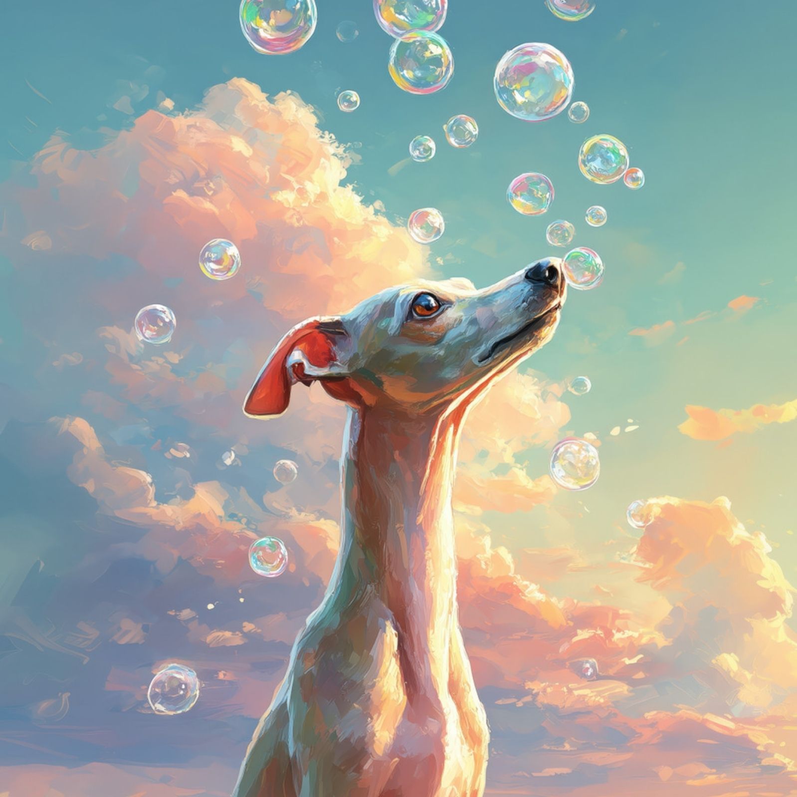 名入れOK 犬とシャボン玉 - イタリアングレーハウンド犬 No.1 イタグレ アートポスター うちの子記念日 ペットロス 北欧 ナチュラル