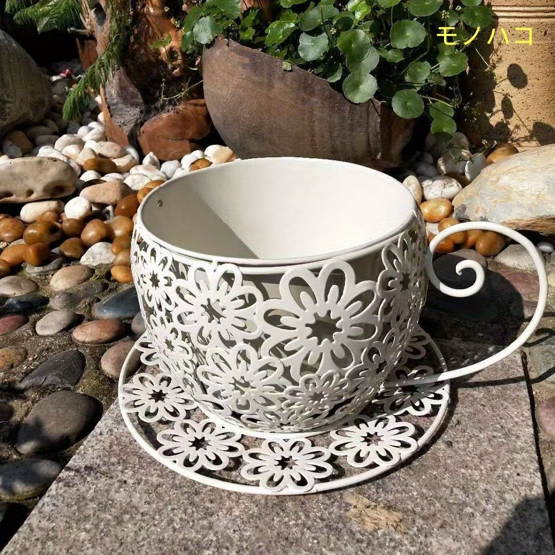 鉢植え メタル製 耐久性 コーヒーカップ型 花柄 軽量 室内 屋外 多肉植物 ハーブ バルコニー かわいい プランターポット ヴィンテージ ホワイト グリーン ピンク