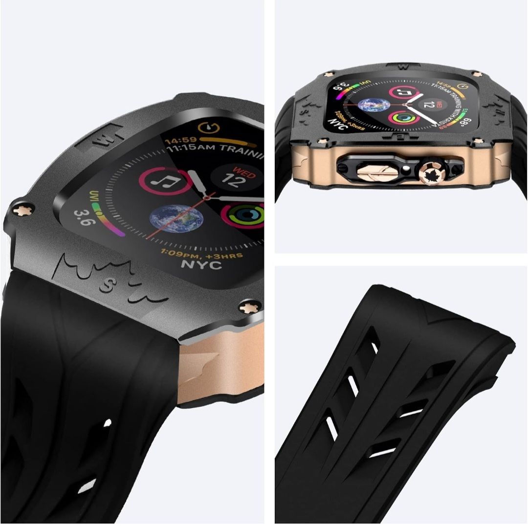 ★YiMingSun Apple Watch用メタルケース Apple Watchシリーズ9 8 7 45mm用 メンズ 頑丈なケース バンパー 頑丈なメタルカバー バンド付き iWatch 6 5 4 SE 44mm用 (ブラック - ローズゴールド)