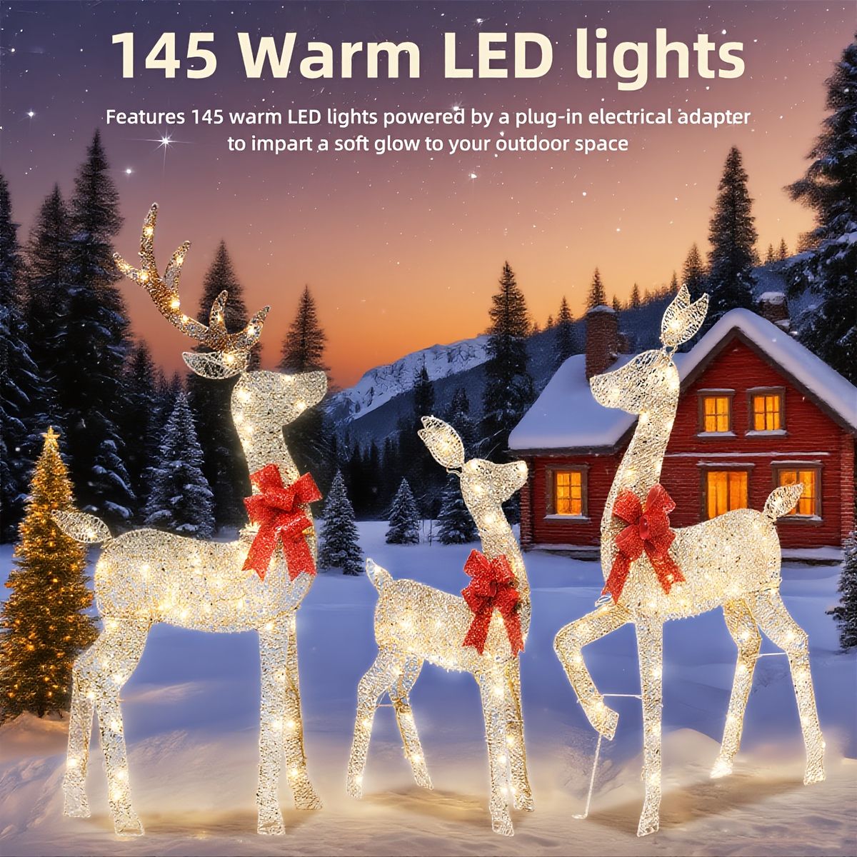  屋外装飾 トナカイファミリー 3点セット 庭 パティオ 芝生用 ウォームホワイトLED 145灯 9.7 m延長コード 全天候型 自立型 金属製 室内 屋外兼用 ホリデーイルミネーション オーナメント オブジェ 園芸用品