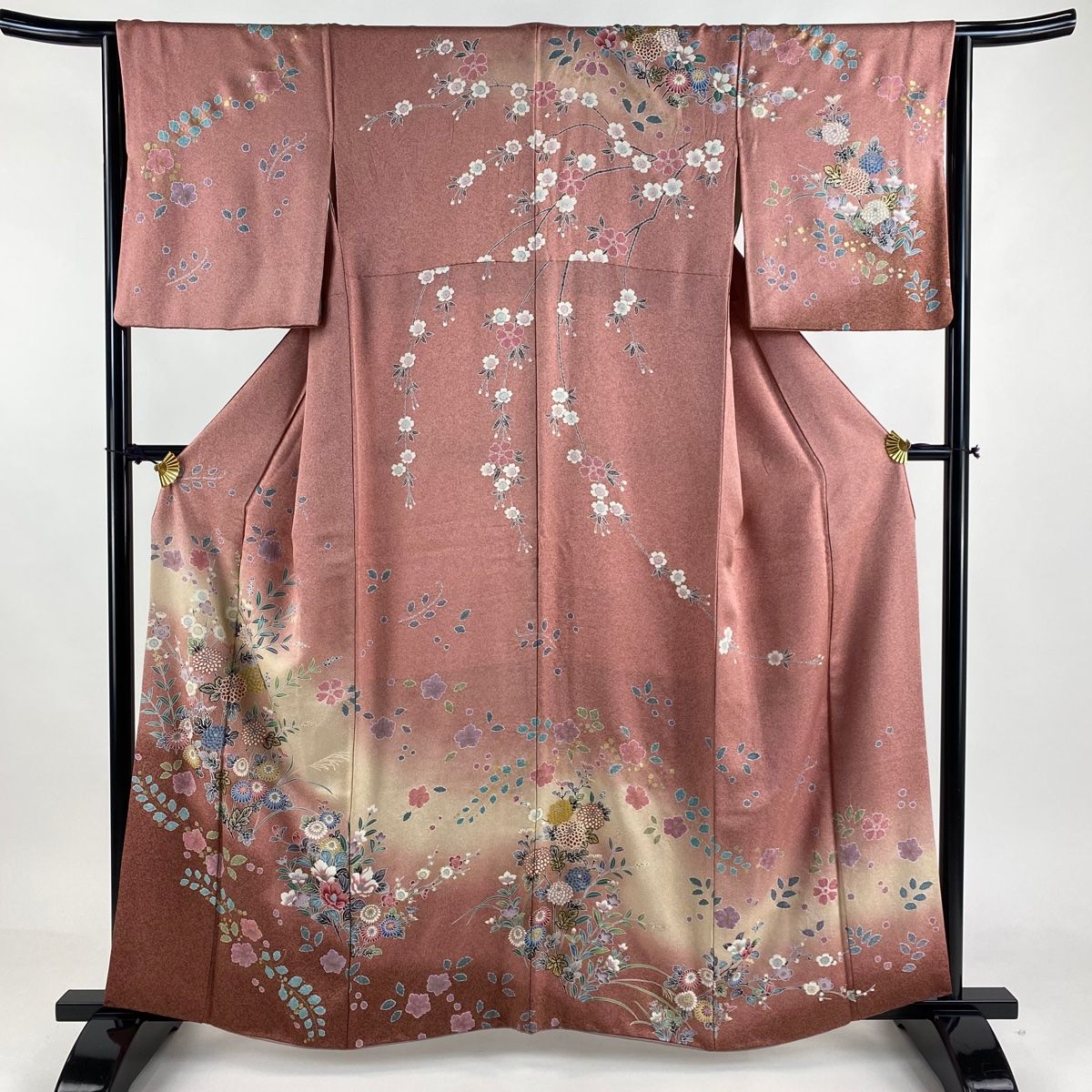 訪問着 身丈160cm 裄丈65cm M 袷 草花 桜 金銀彩 染分け ピンク 正絹 名品