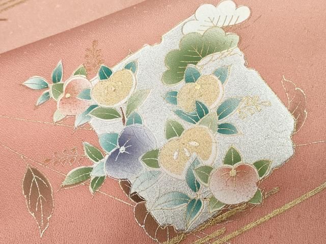 平和屋着物○訪問着 紬地 刺繍 手描き 葡萄蔦の葉文 正絹