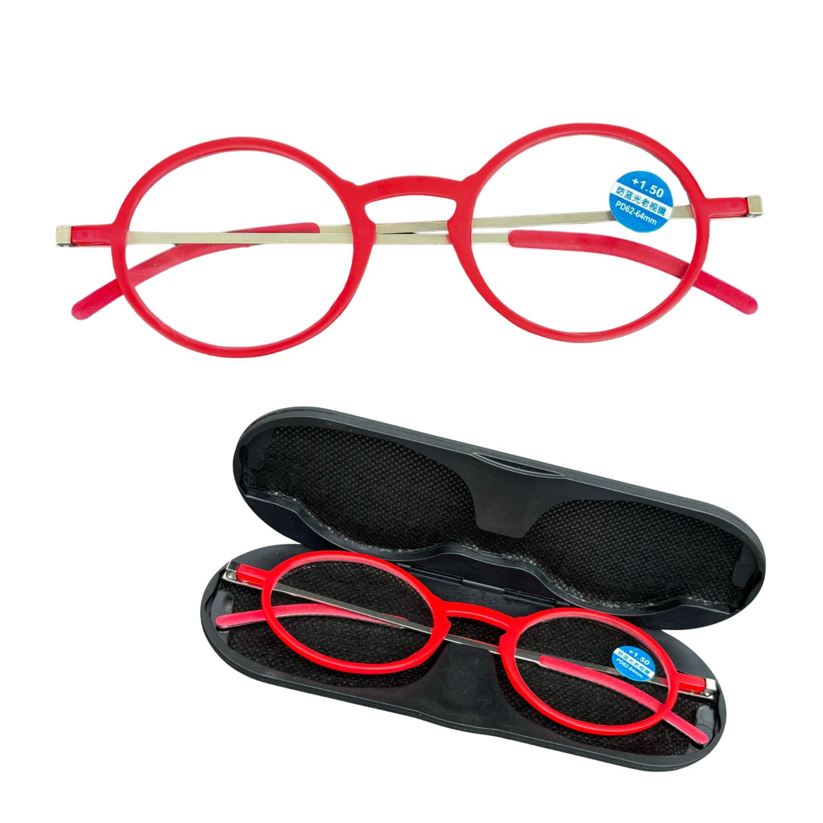 ＋1.5 老眼鏡 薄型 スリム軽量 丸メガネ 赤レッド ケース付ブルー