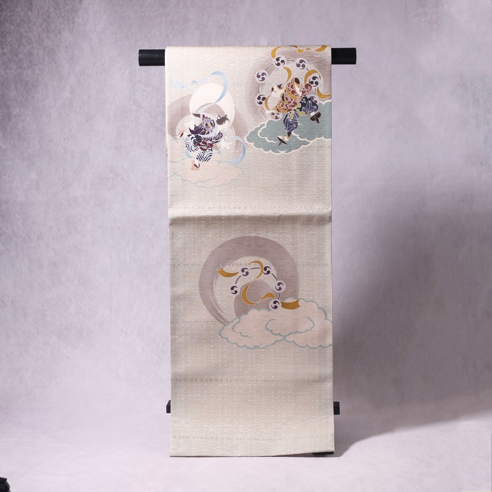 再入荷 .* 新品・未使用 WAKKA 正絹 京袋帯【風にゃん雷にゃん／薄 