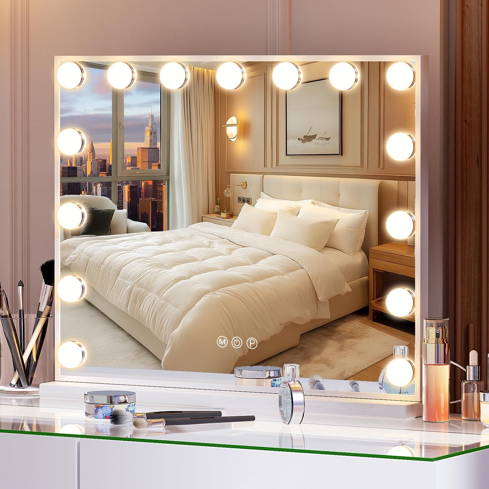 壁掛け|卓上両用 USBポート付き 化粧鏡 三色照明モード ハリウッドミラー 無段階調光 女優ミラー 15個LED電球付き FENCHILIN 10倍拡大鏡付き