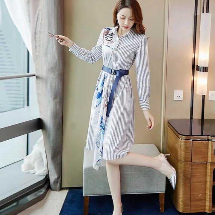 メルカリshops ブラウス シャツ ワンピース スカーフ ネイビー インポート ストライプl7