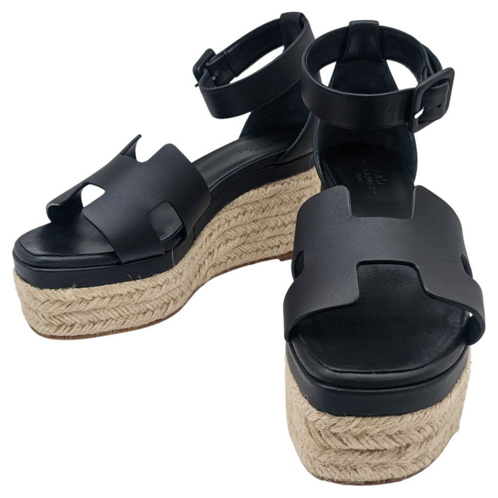 HERMES 黒 レザー サンダルエルダ 35 HERMES エルメス サンダル ブラック エルダ ウェッジソール 黒 レザー
