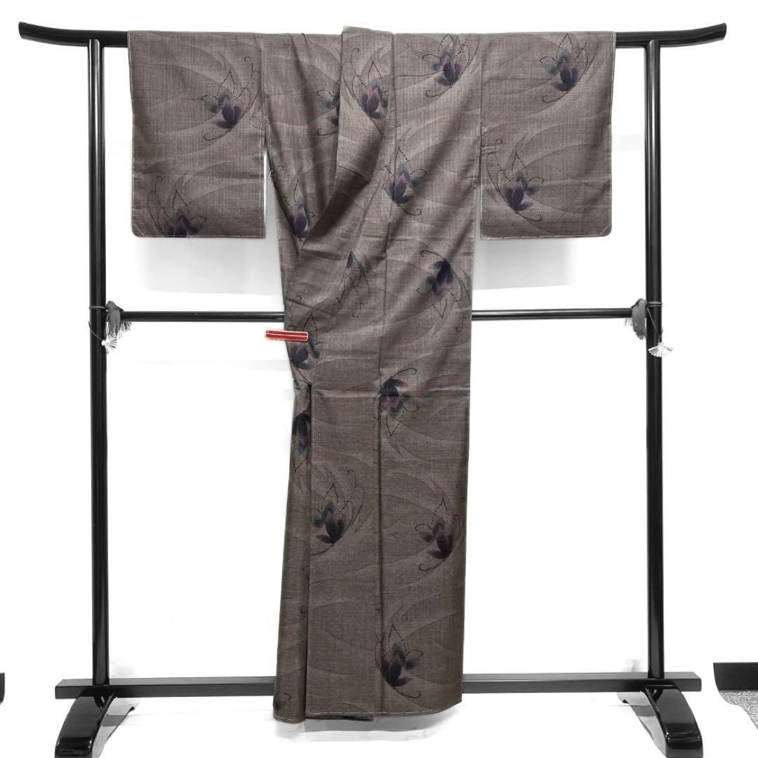 未着用小紋大島紬証紙付き手織り泥染花模様流水着物021a d 