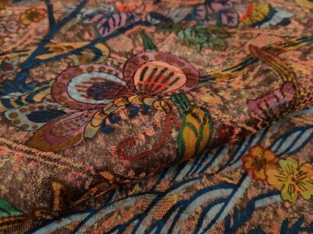 平和屋着物□極上 道中着 お召地 ロング丈 花鳥舞蝶文 逸品