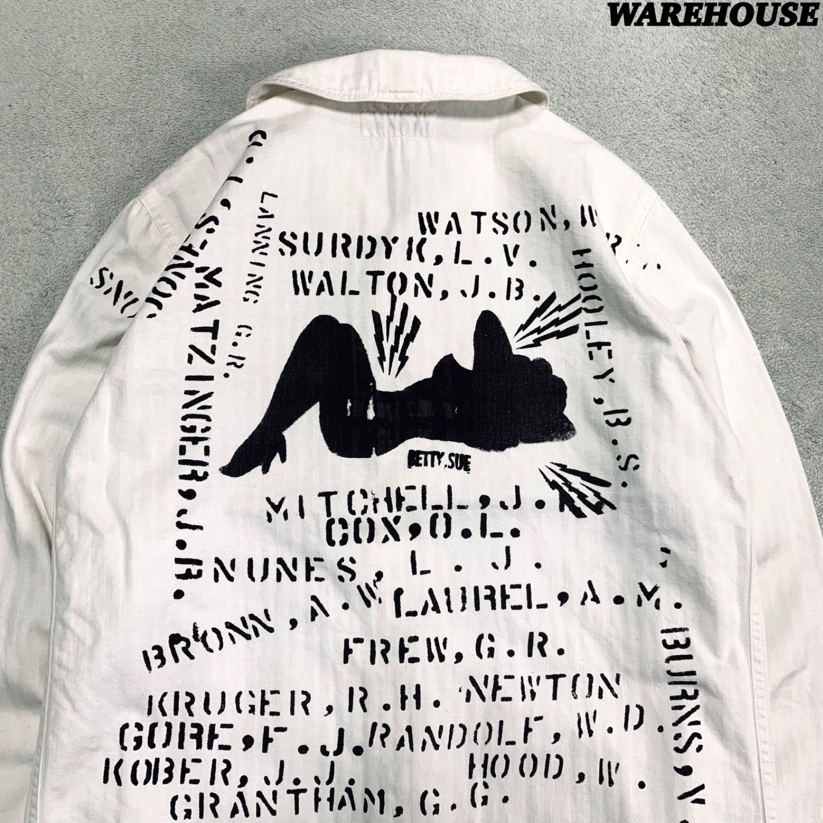 WAREHOUSE SHAWL COLLAR COVERALL USNA メモリアルジャケット カバーオール ワークジャケット ミリタリー ショール ヘリンボーン ステンシル ピンナップガール サイズ38 ホワイト 白 ウエアハウス
