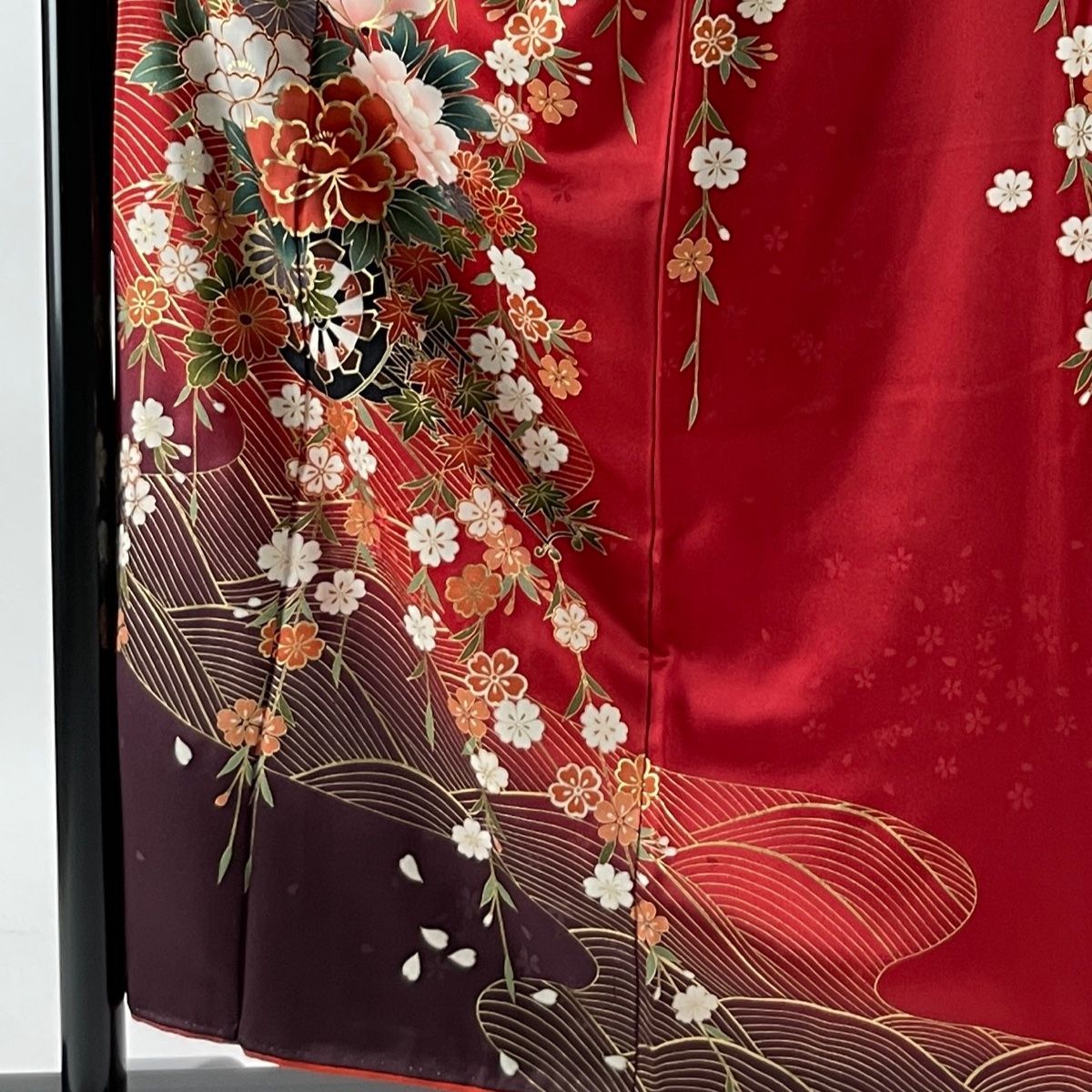 振袖 身丈167.5cm 裄丈69cm L 袷 桜 花車 箔 金彩 ピンク 正絹 名品-