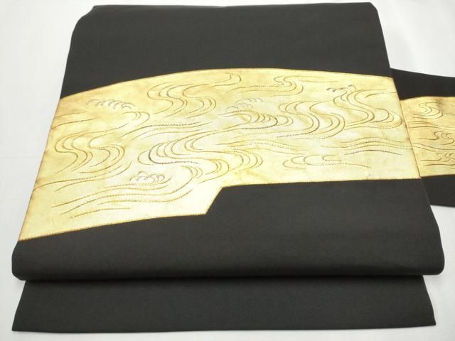 平和屋着物●塩瀬　九寸名古屋帯　刺繍　流水文　黒地　金銀彩　正絹　逸品　CAAY9630hy 平和屋着物○塩瀬 九寸名古屋帯 刺繍 流水文 黒地 金銀彩 正絹