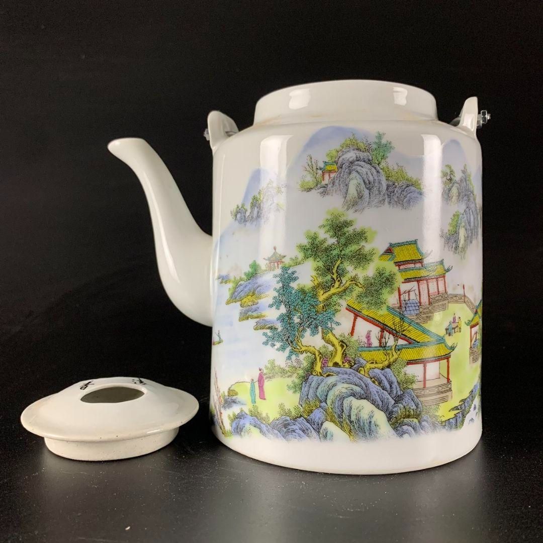 景徳鎮 緑地万寿無疆提梁茶壺 茶器 煎茶道具 未使用品 置物 中国茶器 景徳鎮 粉彩山水斗彩図提梁茶壺 煎茶器 茶道具 未使用