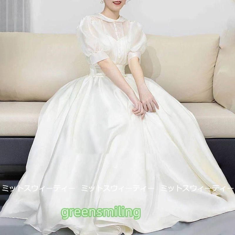 ウェディングドレス 二次会 前撮り 挙式 花嫁 フォト リゾートドレス サテン パフスリーブ 結婚式 ブライダル パーティードレス ワンピース