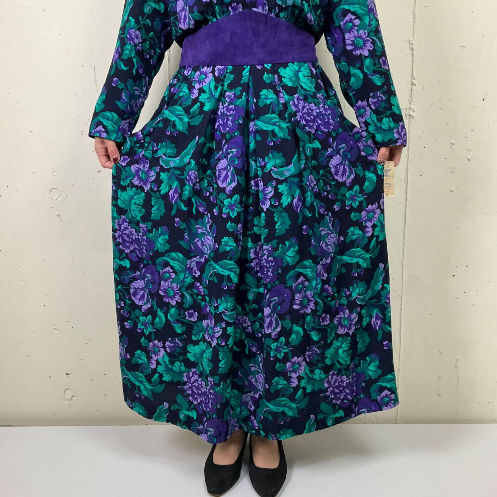 デッドストック 80年代 80s Karin stevens 花柄 長袖 ワンピース 
