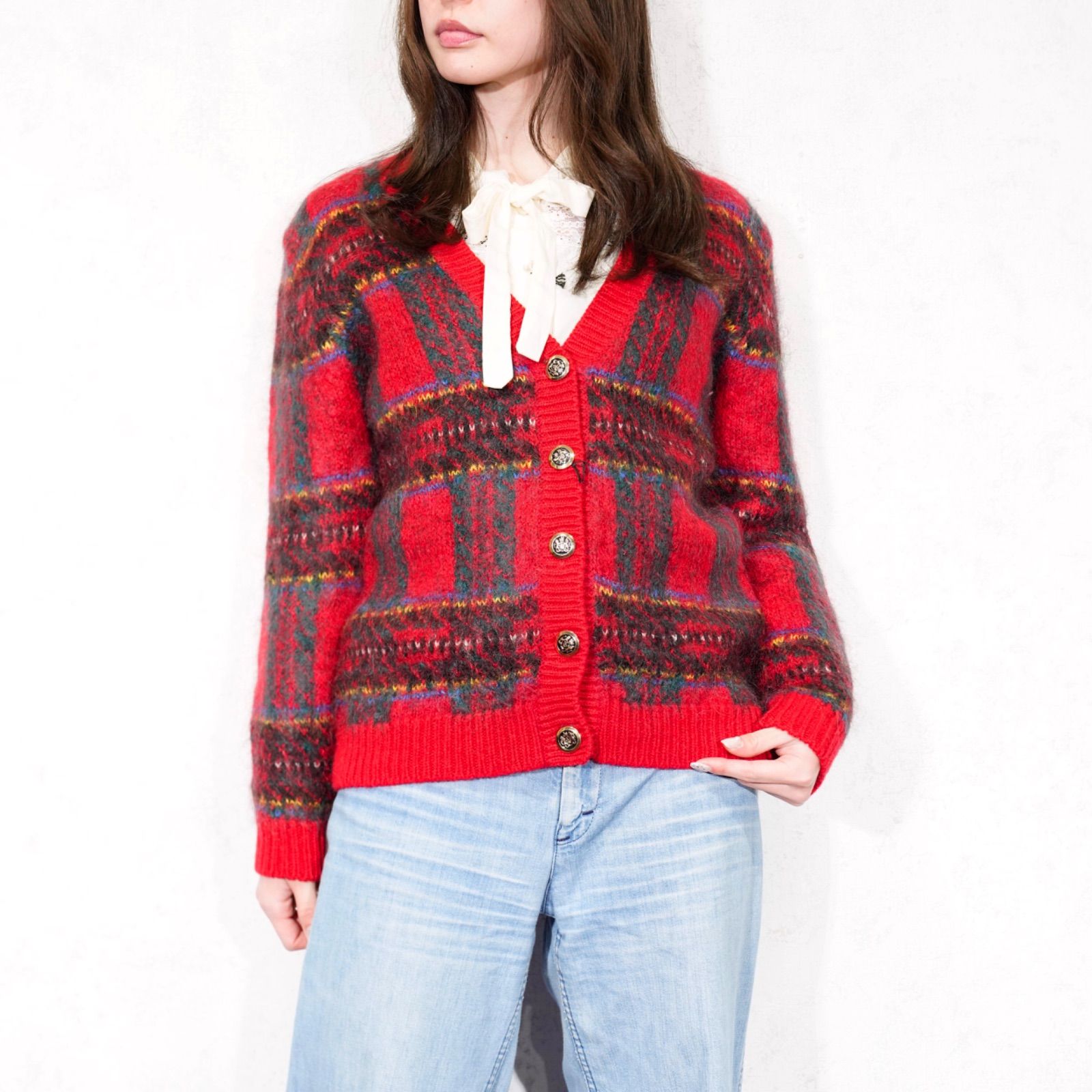 USA VINTAGE NEW EDITIONS CHECK PATTERNED DESIGN MOHAIR KNIT CARDIGAN|アメリカ古着チェック柄デザインモヘアニットカーディガン