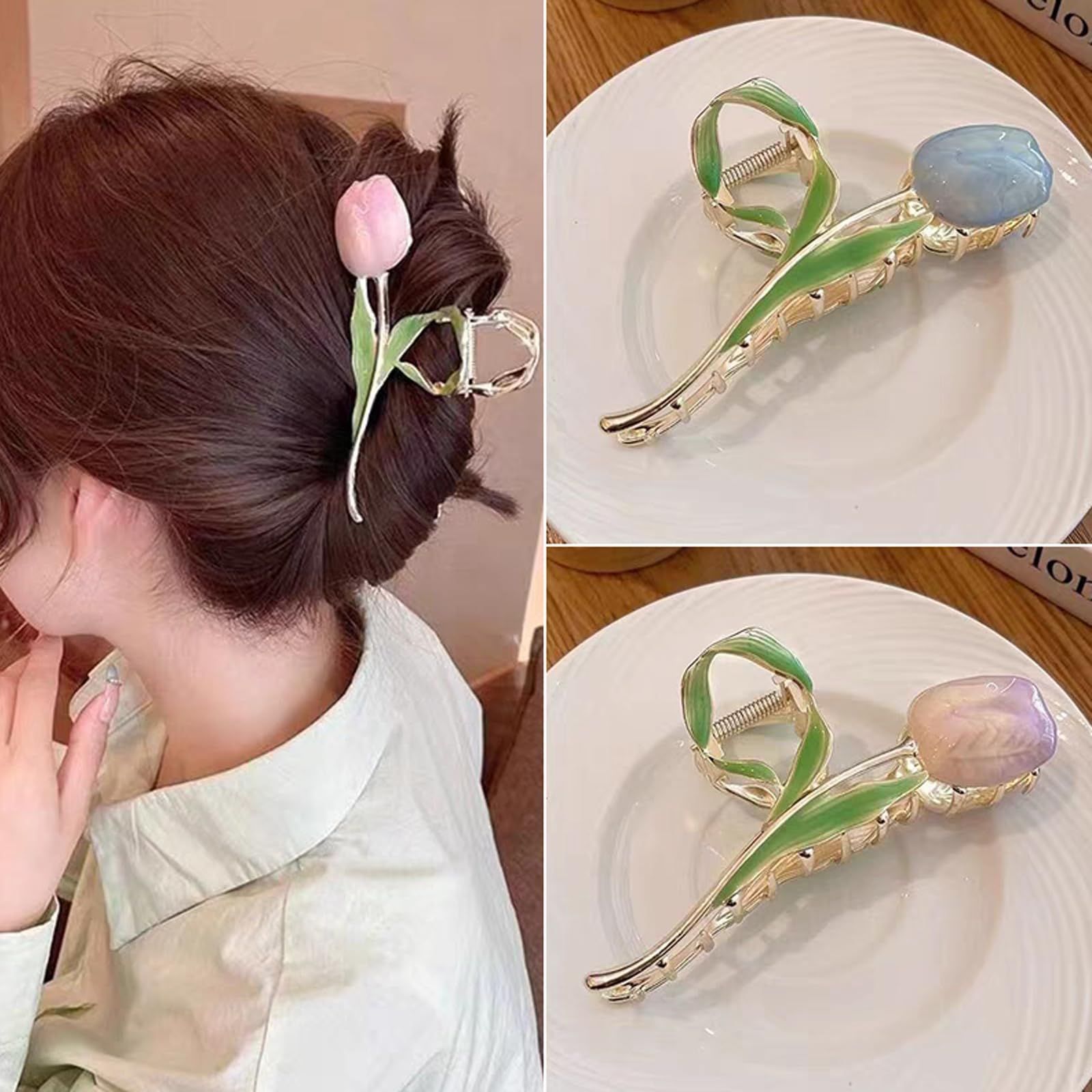 ヘアクリップ オフィス シンプル ヘア 髪飾り バンスクリップ 髪留め 韓国風 おしゃれ 贈り物 HAPVITAL レディース用 クリップ 大きめ ピンクのチューリップ