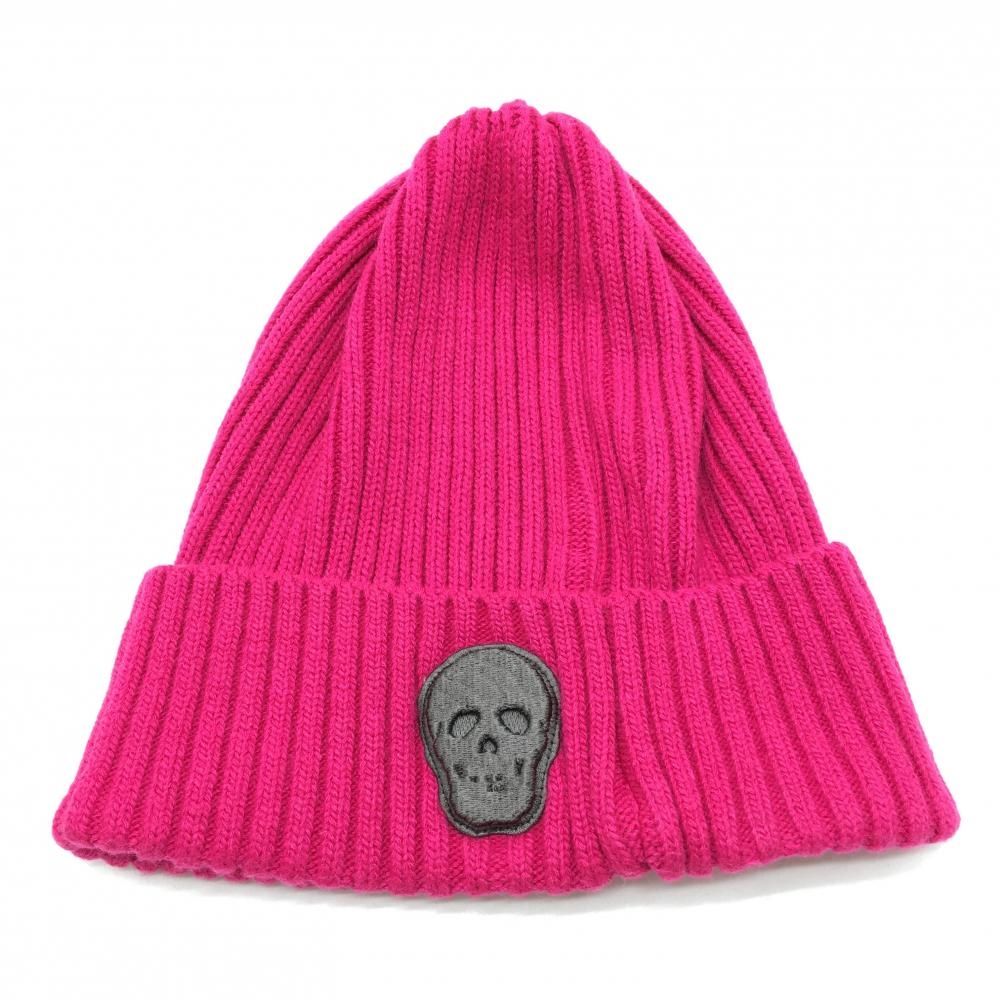 超 マークアンドロナ ニット帽 ダークピンク リブ編み 立体スカルワッペン ゴルフウェア MARK&LONA