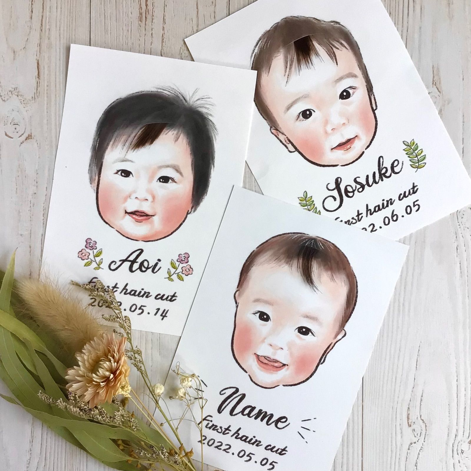 世界に1つ✂⟡.·*.ファーストカットアート 水彩画風 似顔絵オーダー