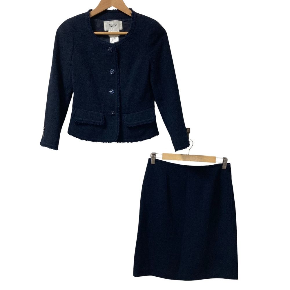 Rene ルネ ツイード ノーカラージャケット スカート セットアップ サイズ34 ネイビー レディース 古着