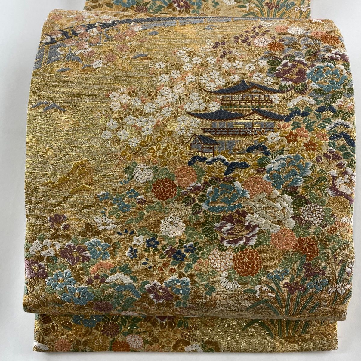 袋帯 秀品 金閣寺 風景 金糸 箔 金色 六通 正絹