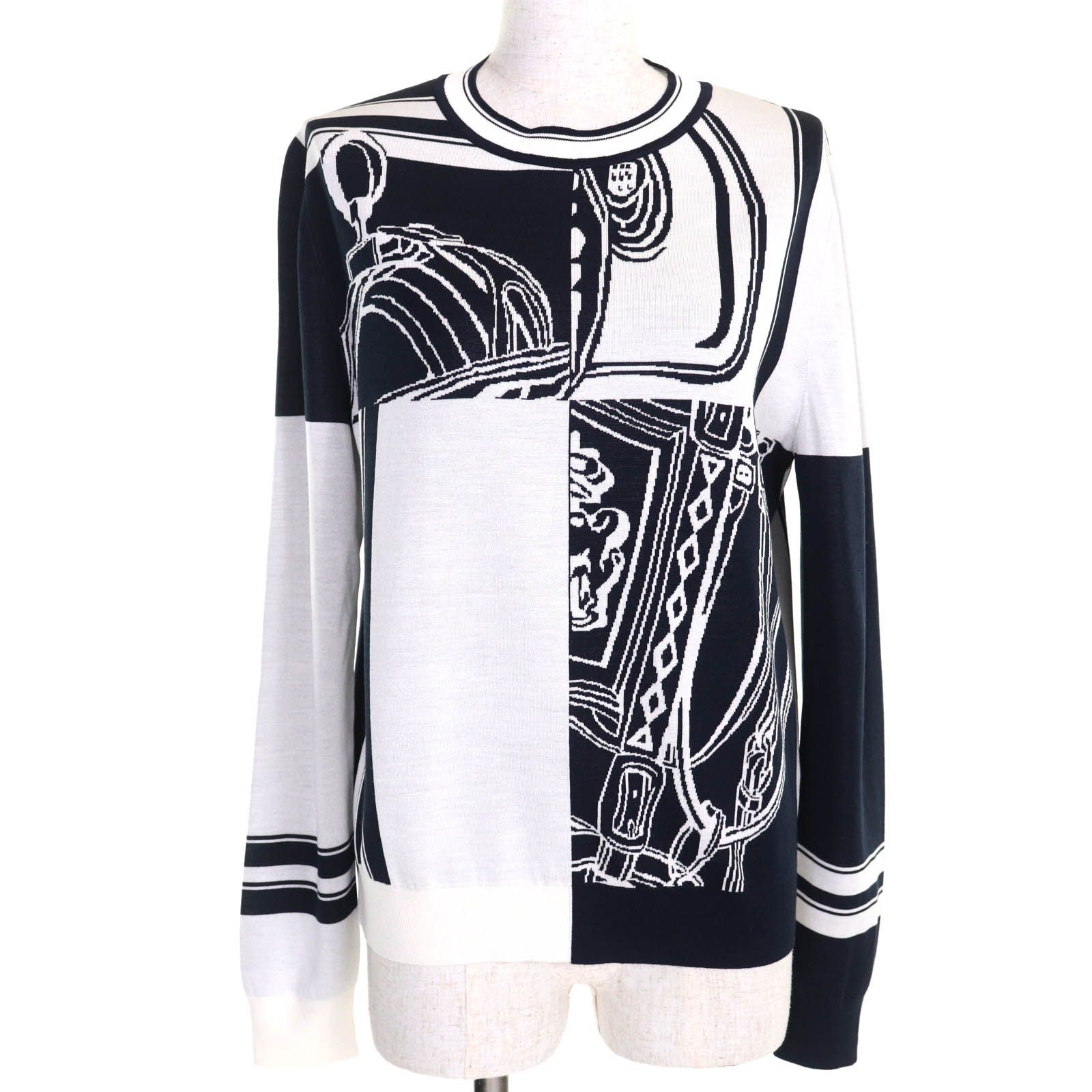 HERMES エルメス 24SS 4E2655D6 Brides de Gala 無秩序 シルク混 ブルー ノワール ロゴ刺繍 インターシャ編み ロングスリーブ 長袖 ニット 42 イタリア製 レディース