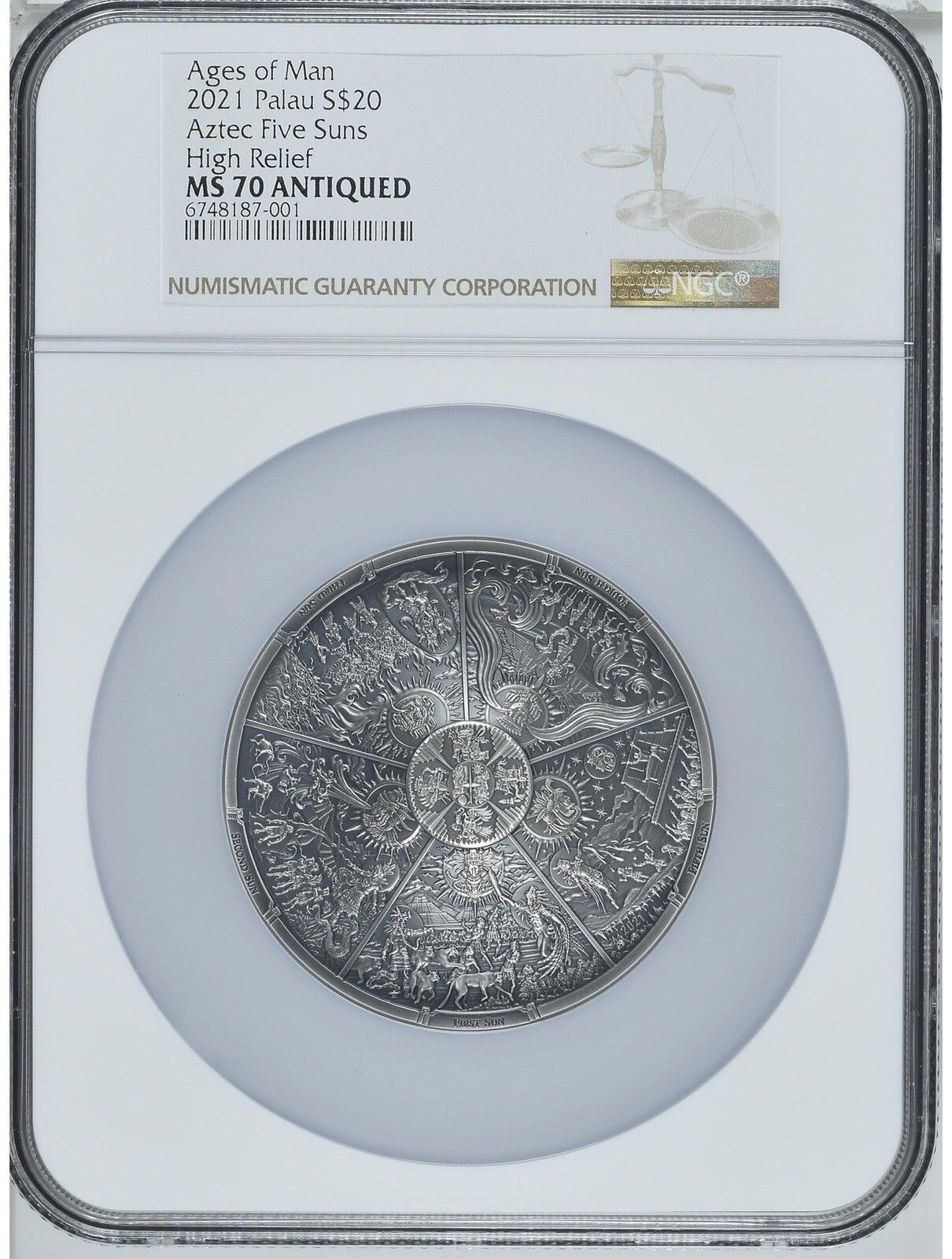 NGC MS70 2021 Palau Ages of Man AZTEC FIVE SUNS Antiqued 3Oz Silver Coin
