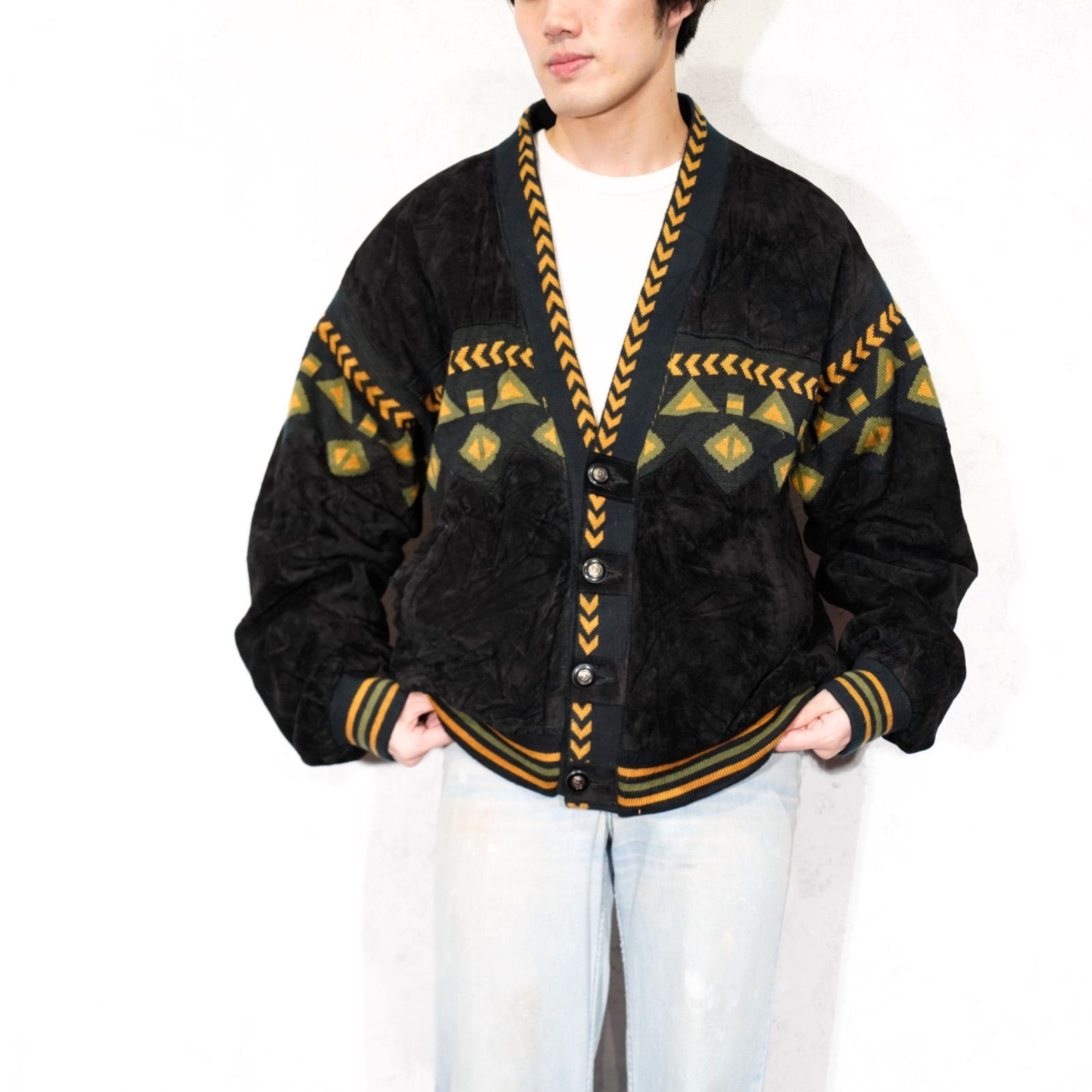 SPECIAL ITEM USA VINTAGE KNIT SWITCHED DESIGN LEATHER CARDIGAN アメリカ古着ニット切替デザインレザーカーディガン