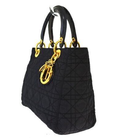 【中古】 中美品 クリスチャンディオール Christian Dior ハンドバッグ レディディオール カナージュ ブラック ナイロン レザー 75BS648