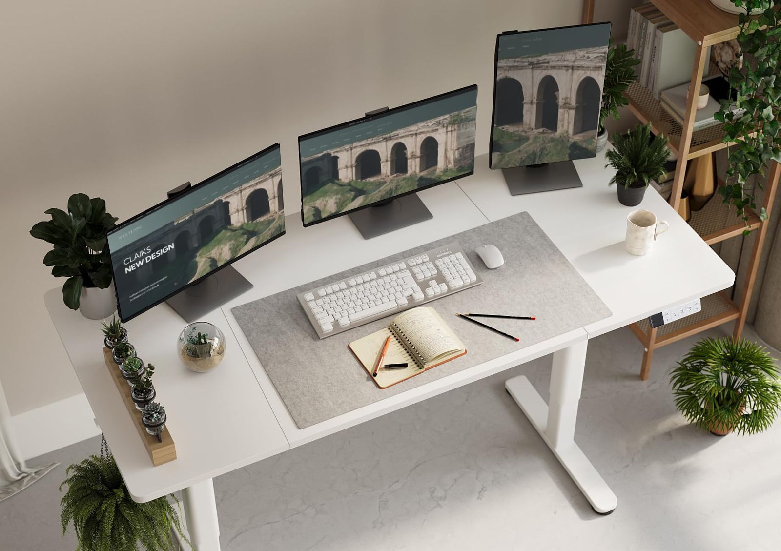 Claiks 昇降デスク 電動 スタンディングデスク 昇降式 テーブル 幅160cm 奥行き60cm テレワーク オフィスデスク 在宅ワーク パソコンデスク 高さ調節 メモリー機能 ホワイトフレーム ホワイト天板