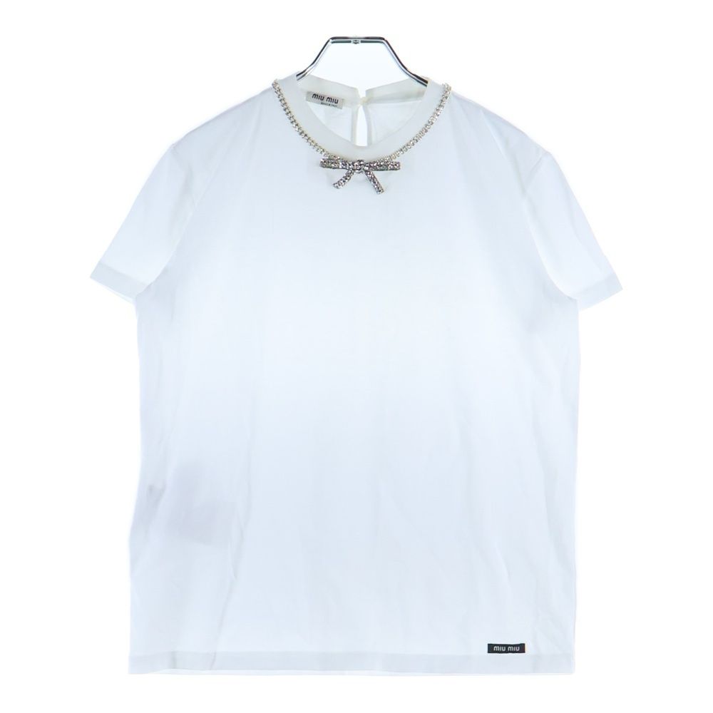 miumiu (ミュウミュウ) クリスタルリボンロゴ半袖Tシャツ ホワイト