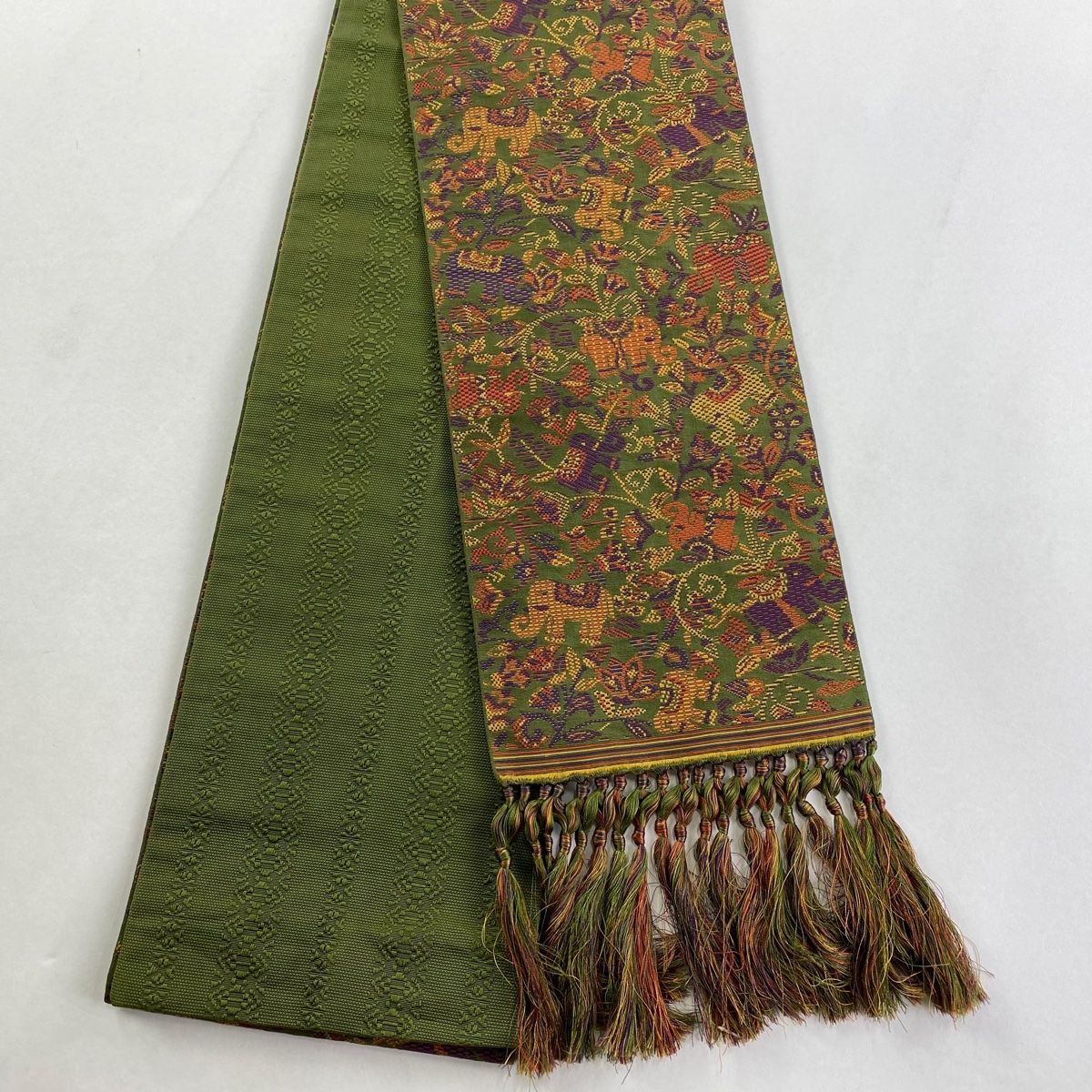 半幅帯 名品 本場博多織 証紙有 像 草花 よもぎ色 正絹