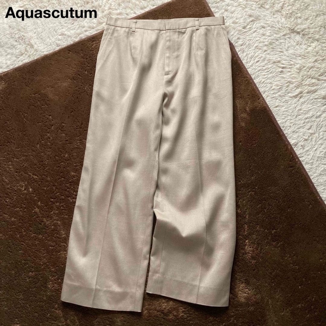 Aquascutum アクアスキュータム シルクウール 上品ワイドパンツ 日本製 ベージュ ホワイト メランジ おおきめ13サイズ