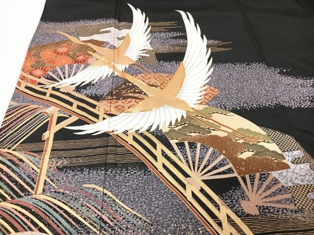 美品 豪華 古典模様 鶴 菊 松 竹 金彩 金駒刺繍 袷 正絹 振袖 着物 平和屋着物□豪華黒留袖 駒刺繍 飛鶴風景文 金彩 正絹 逸品
