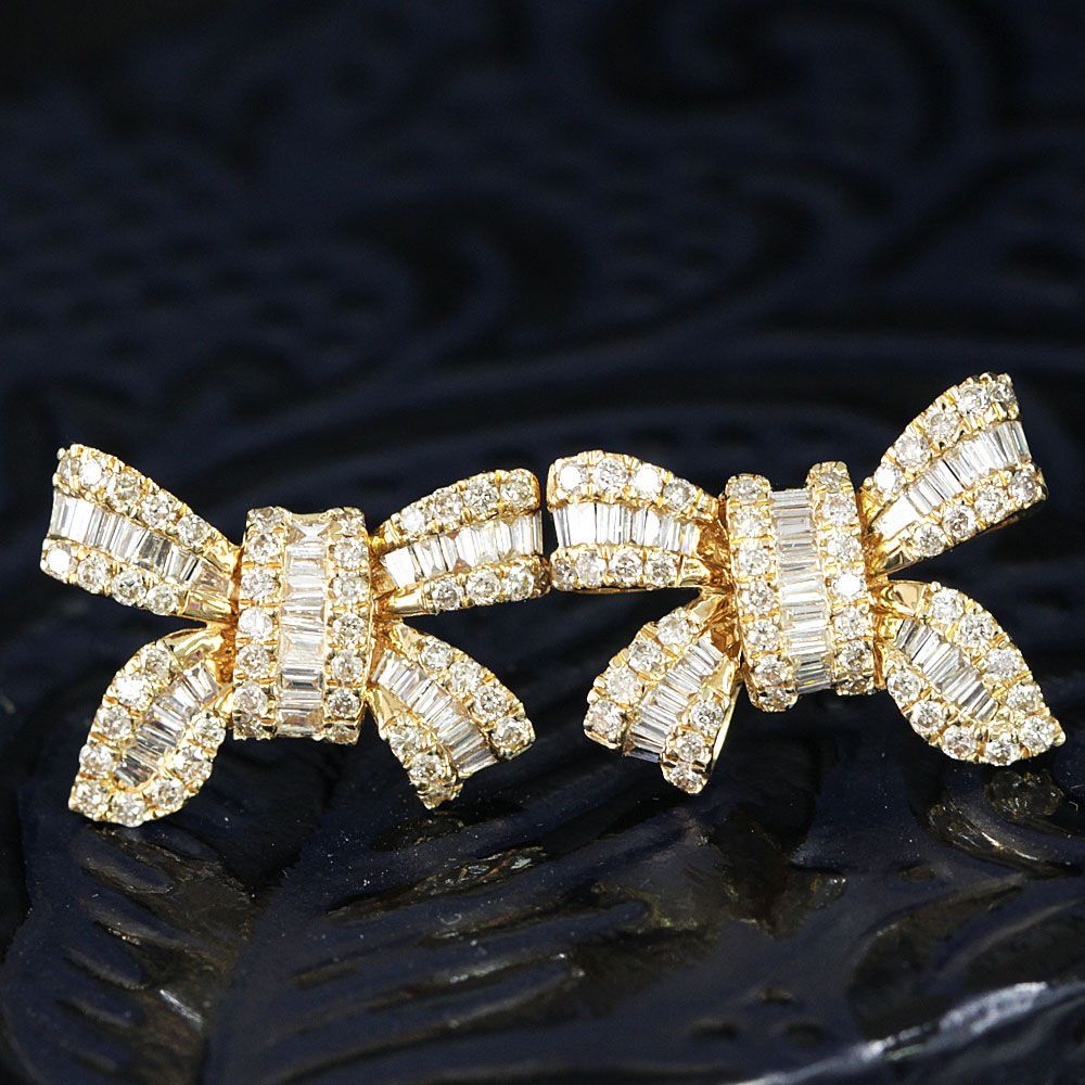 可愛い！人気のリボン 1ct ダイヤモンド K18 yg ピアス 鑑別書付 天然