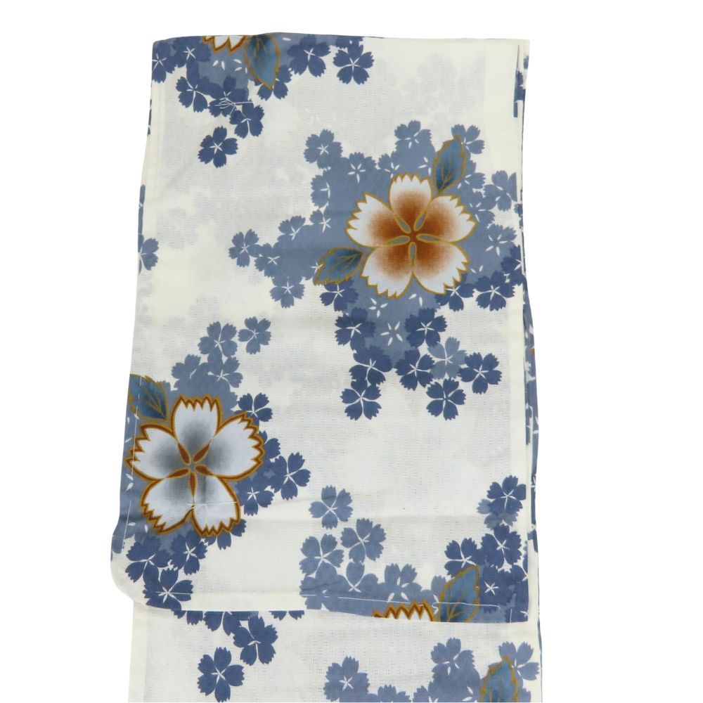 中古】 浴衣 2点セット 作り帯 白 黄色系 灰色 くすみカラー 変わり