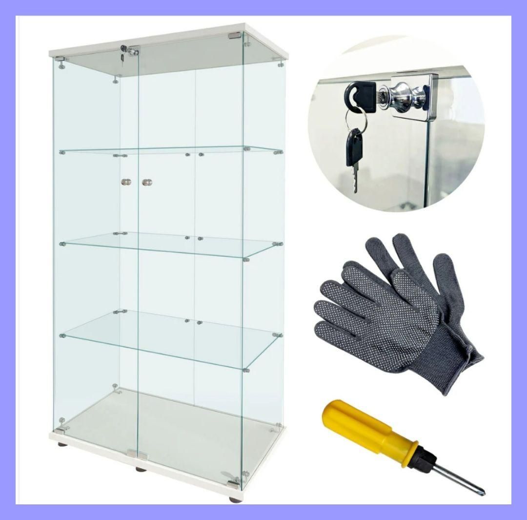 【新品・未使用】 両扉 ガラス ケース 4段 ホワイト フィギュア　ディスプレイ 新品・未使用】 両扉 ガラス ケース 4段 ホワイト フィギュアディスプレイ