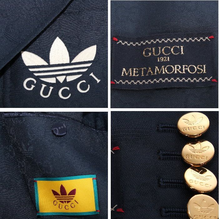 adidas x Gucci アディダス グッチ コラボ 限定 GG シングルブレスト ジャケット ダークブルー 720968 zakqk 4433 GG トレフォイル ウェブ スリーストライプス アウター ブルゾン メンズ